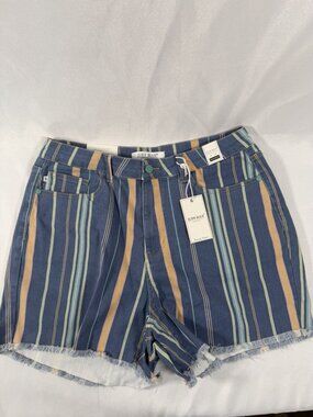 Judy Blue Women’s Striped Denim Shorts High Waisted Frayed Hem Size 1X NWT